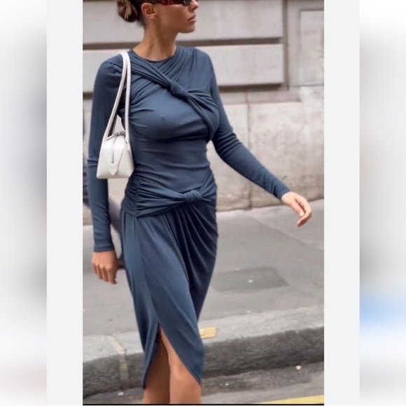 NWT Zara Knotted Asymmetric Metric Dress - Blue Gray Small - Picture 6 of 16